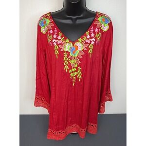 S.R. Fashion Women's Floral Embroidered V-Neck Long Sleeve Top Hippie Red XL